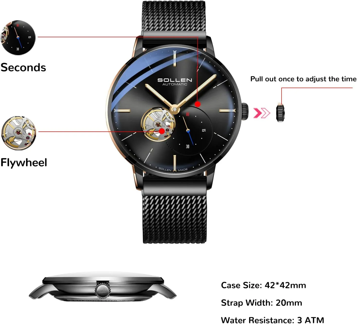 SOLLEN Automatic Watches for Men, Minimalist and Slim Mechanical Watch, Waterproof Men's Wrist Watch with Flywheel & Luminous Function - Gift for Male
