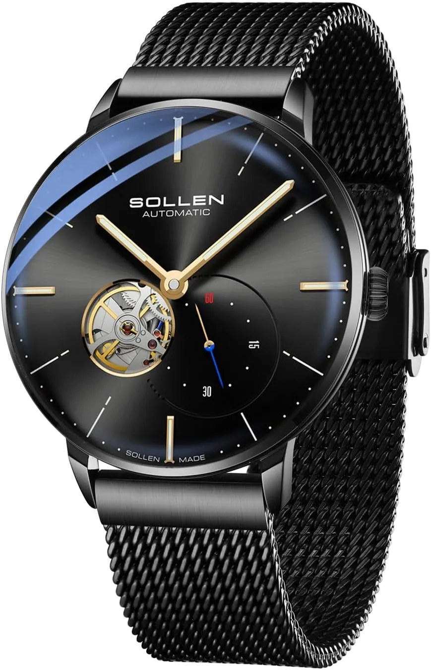 SOLLEN Automatic Watches for Men, Minimalist and Slim Mechanical Watch, Waterproof Men's Wrist Watch with Flywheel & Luminous Function - Gift for Male