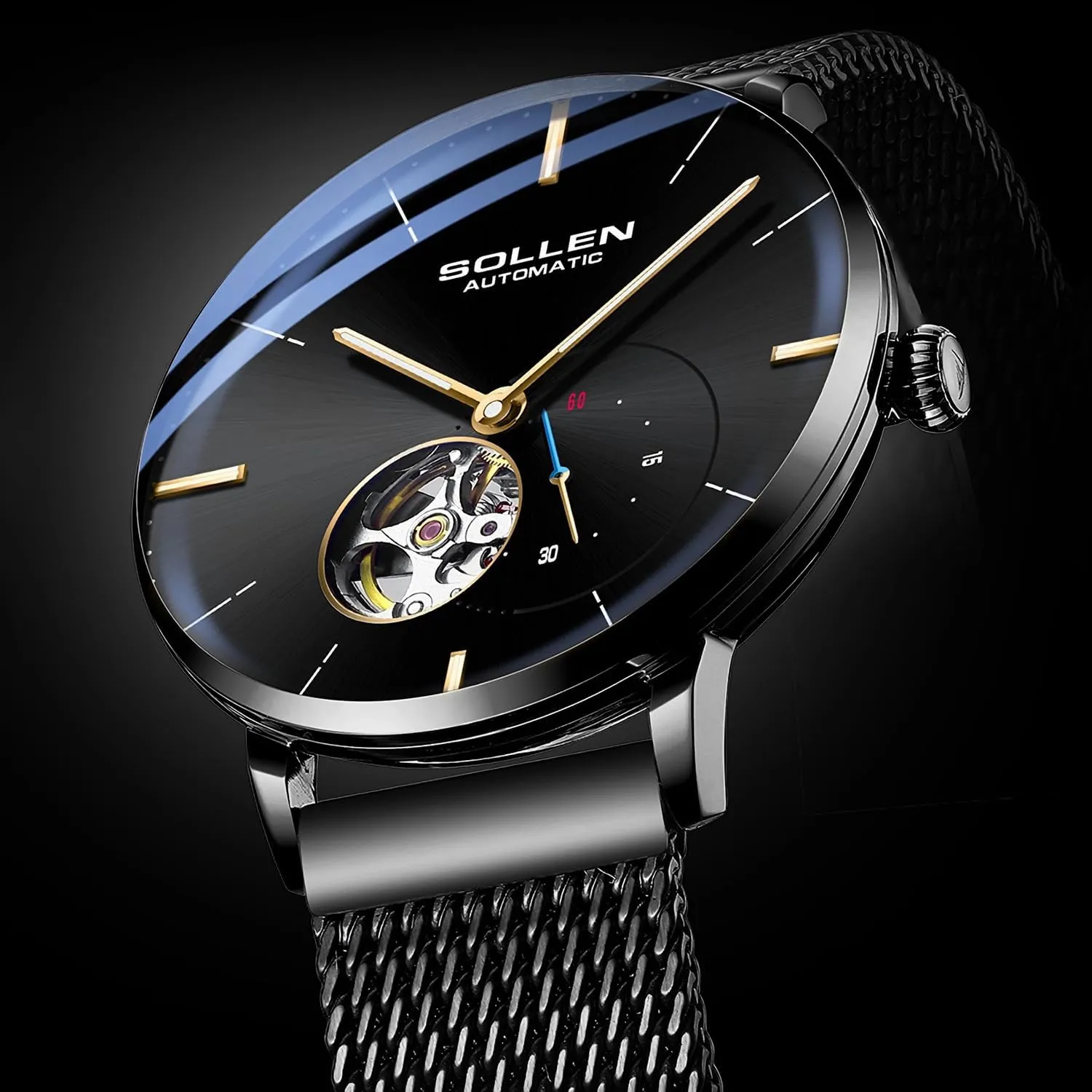 SOLLEN Automatic Watches for Men, Minimalist and Slim Mechanical Watch, Waterproof Men's Wrist Watch with Flywheel & Luminous Function - Gift for Male