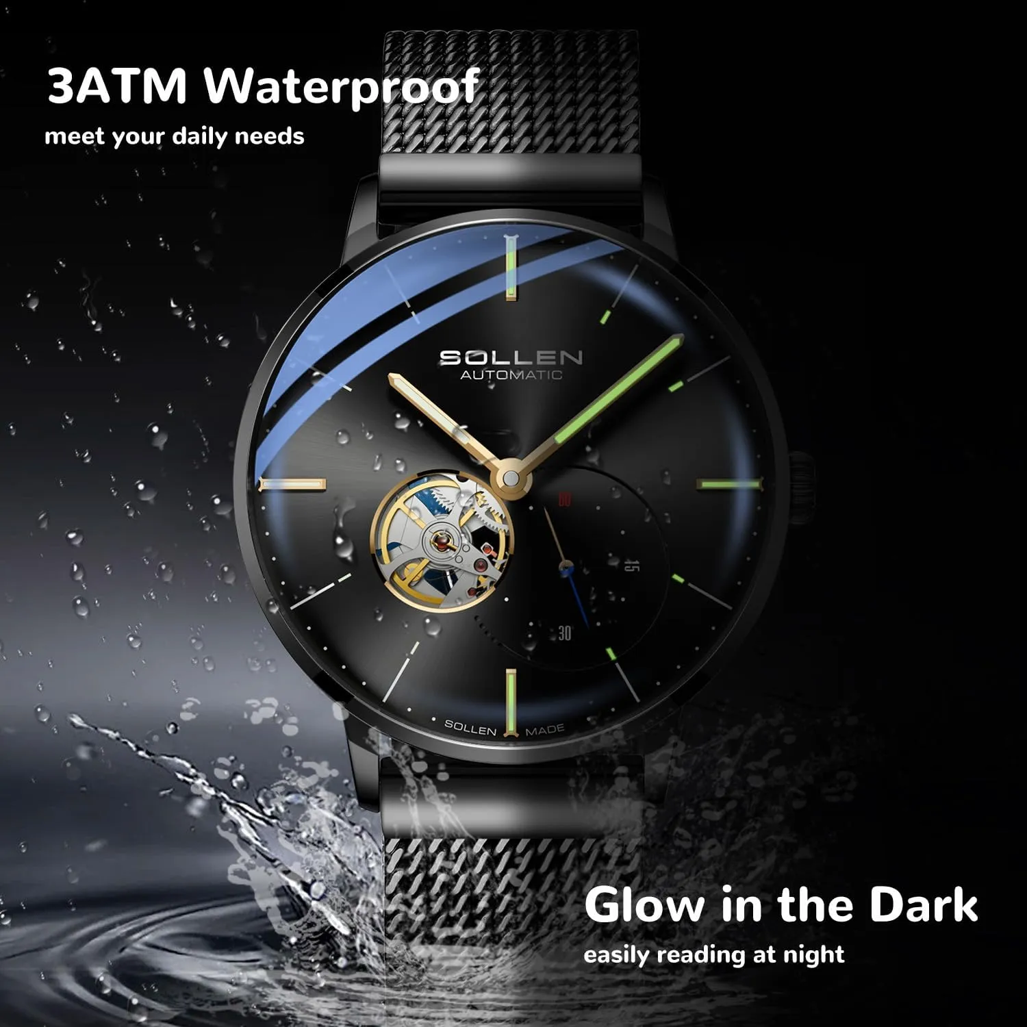 SOLLEN Automatic Watches for Men, Minimalist and Slim Mechanical Watch, Waterproof Men's Wrist Watch with Flywheel & Luminous Function - Gift for Male