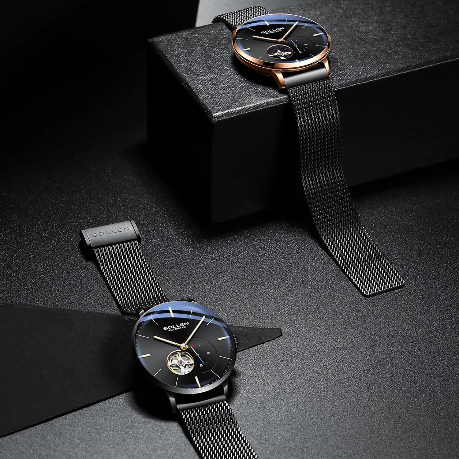 SOLLEN Automatic Watches for Men, Minimalist and Slim Mechanical Watch, Waterproof Men's Wrist Watch with Flywheel & Luminous Function - Gift for Male