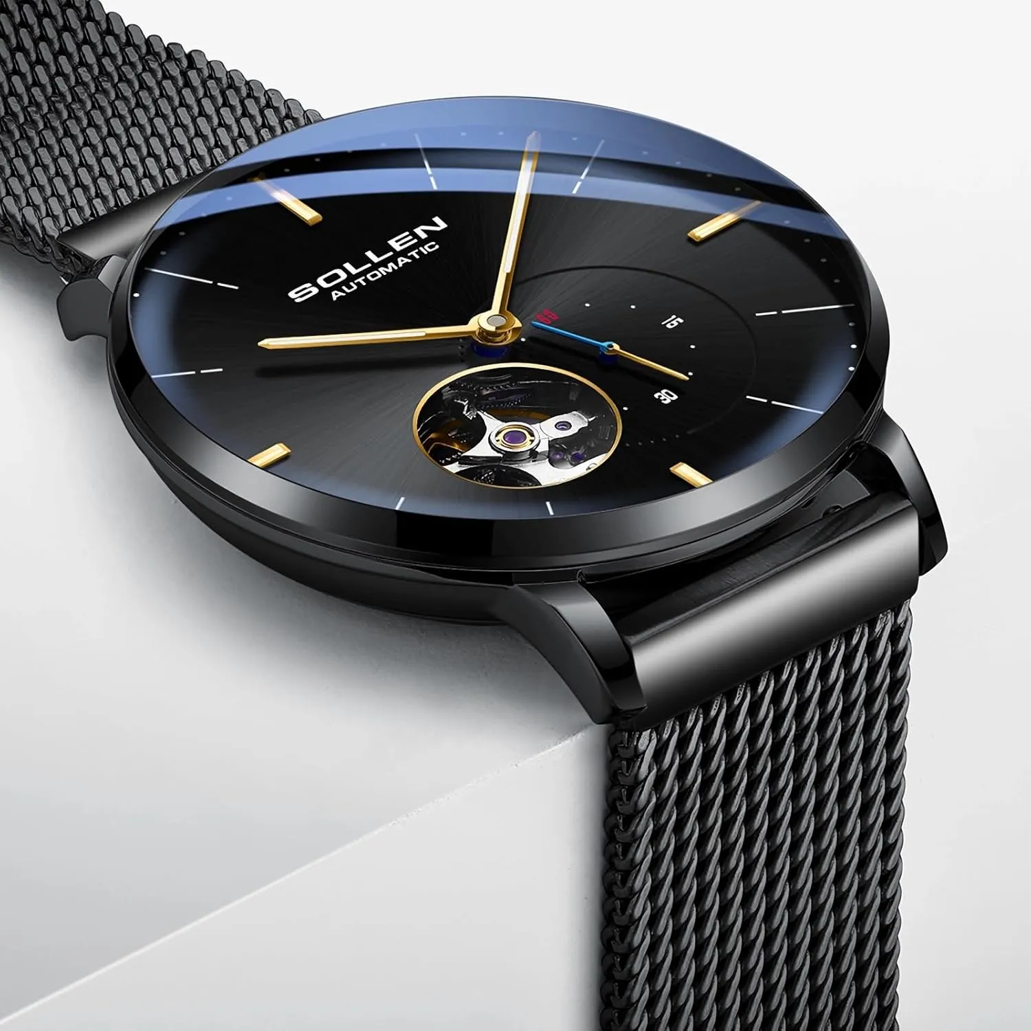 SOLLEN Automatic Watches for Men, Minimalist and Slim Mechanical Watch, Waterproof Men's Wrist Watch with Flywheel & Luminous Function - Gift for Male