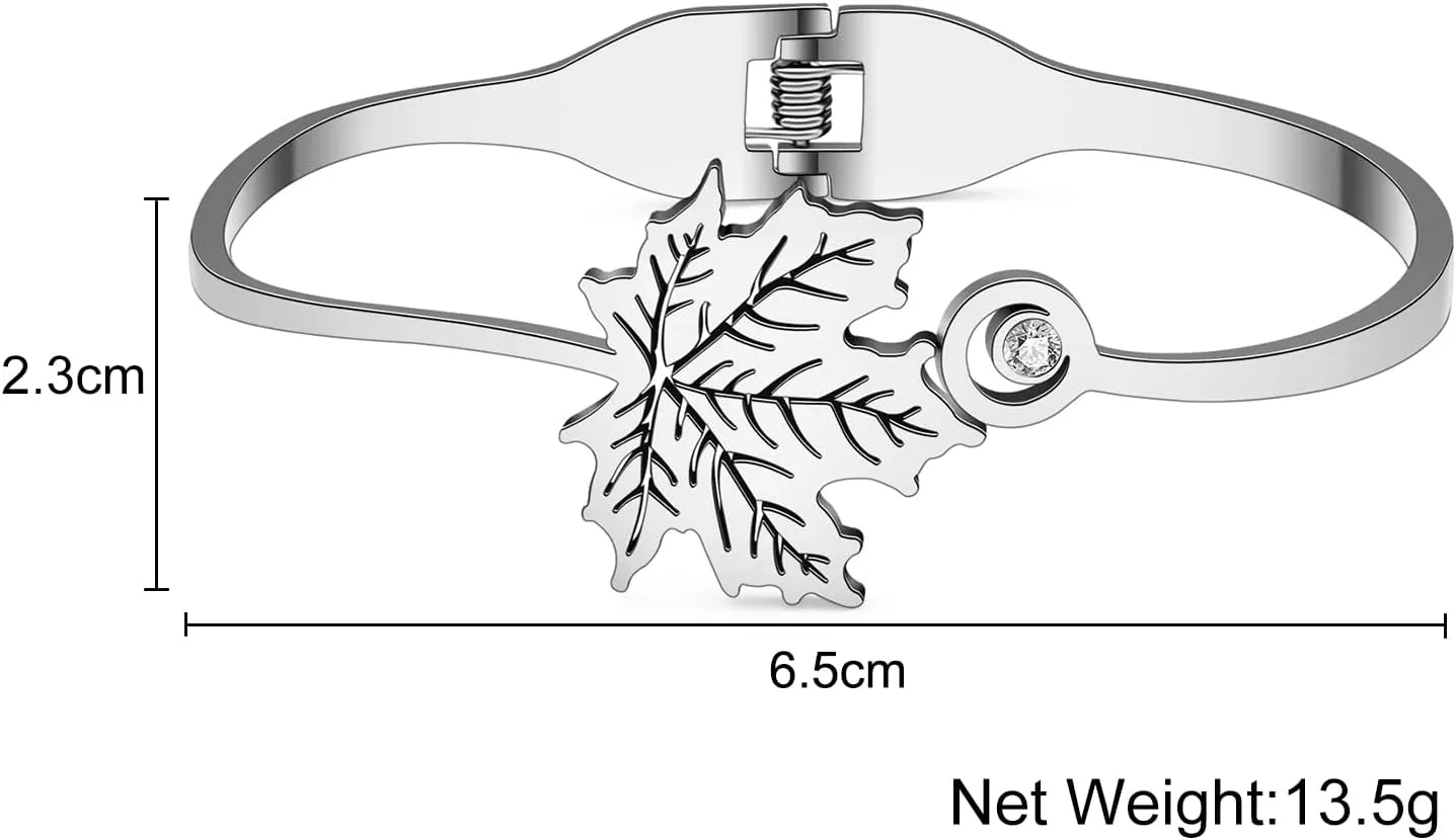 Stainless Steel 18K Gold Leaf Bangle Cuff Bracelet for Women Dainty Crystal Jewelry Gifts for Birthday Charms
