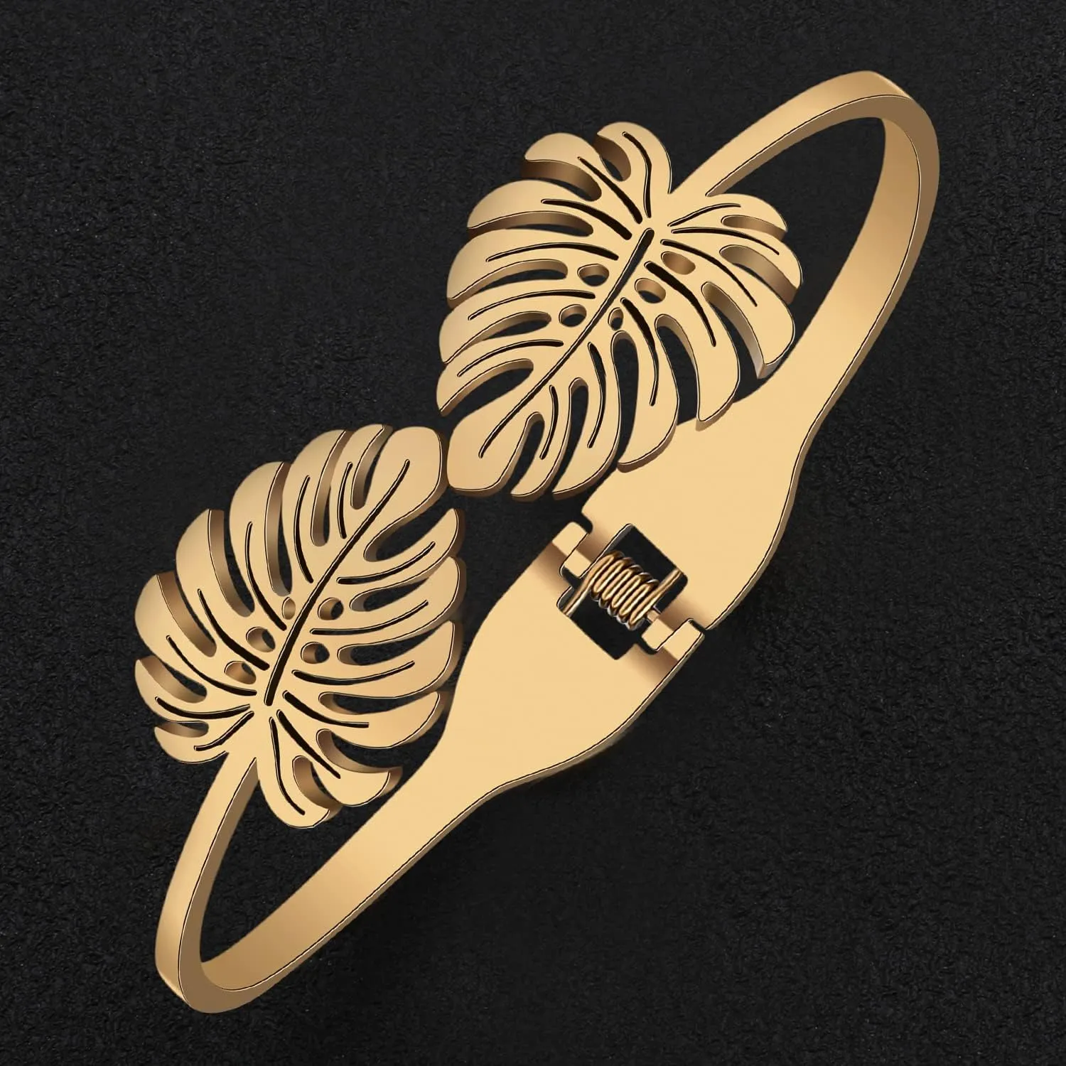 Stainless Steel 18K Gold Leaf Bangle Cuff Bracelet for Women Dainty Crystal Jewelry Gifts for Birthday Charms