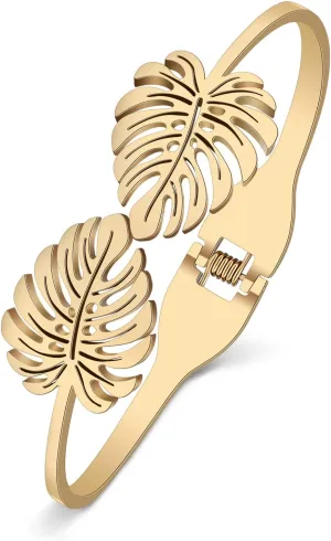 Stainless Steel 18K Gold Leaf Bangle Cuff Bracelet for Women Dainty Crystal Jewelry Gifts for Birthday Charms