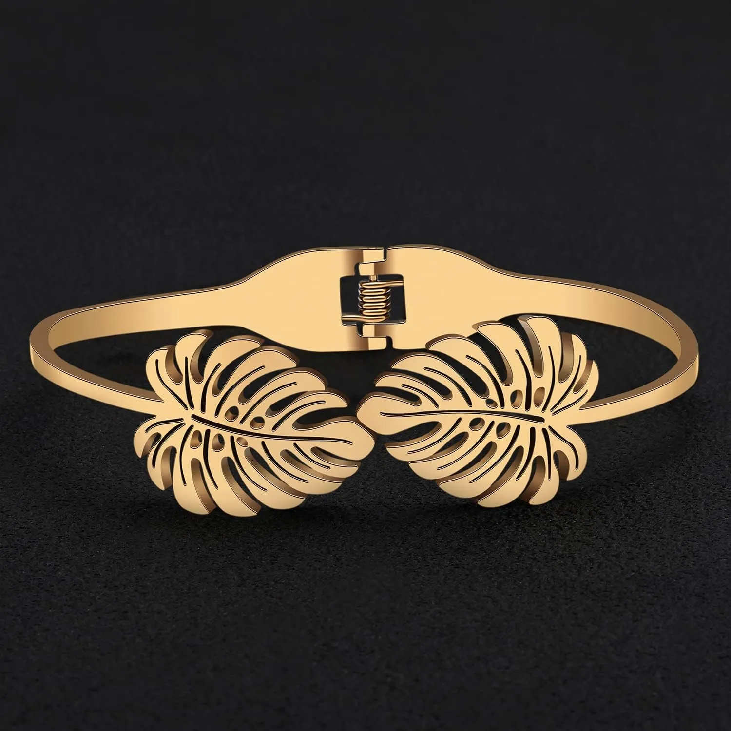 Stainless Steel 18K Gold Leaf Bangle Cuff Bracelet for Women Dainty Crystal Jewelry Gifts for Birthday Charms