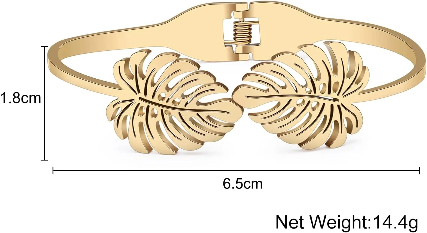 Stainless Steel 18K Gold Leaf Bangle Cuff Bracelet for Women Dainty Crystal Jewelry Gifts for Birthday Charms