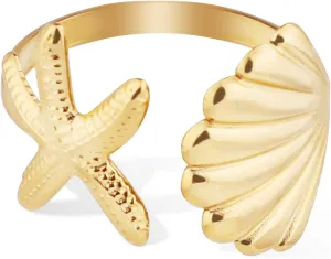 Starfish Seashell Ring, Gold Starfish Ring Stainless Steel Shell Ring Adjustable Artistic Starfish Jewelry for Summer Beach Women Daily Gift