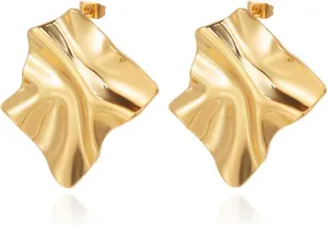 Statement Geometric Square Earrings for Women Unisex,Stainless Steel Medium Fashion Texture Irregular Minimalism Earrings,Trendy Ripple Unique Boho Earrings,Metal Modern Rectangle Jewelry