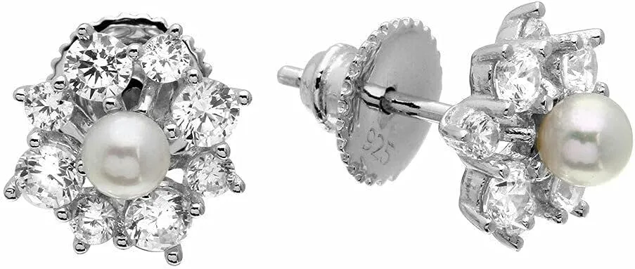 Sterling Silver 925 Snowflake Earrings Women Christmas Jewelry Floral Stud Elegant CZ & Imitation Pearl Jewelry
