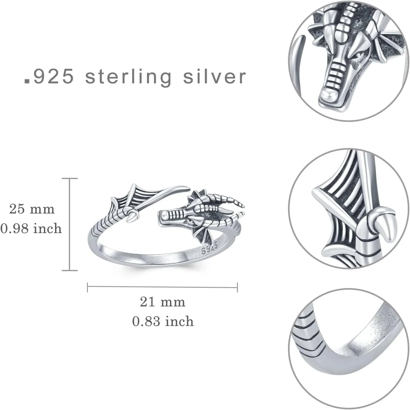 Sterling Silver Adjustable Dragon Ring - Modern Casual Wear Unisex Ring