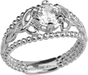 Sterling Silver Modern Beaded Celtic Trinity Knot Engagement Ring April Birthstone (Size 6)