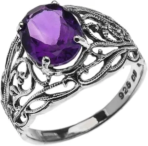 Sterling Silver Modern Filigree Design Genuine Amethyst Ladies Ring(Size 7)