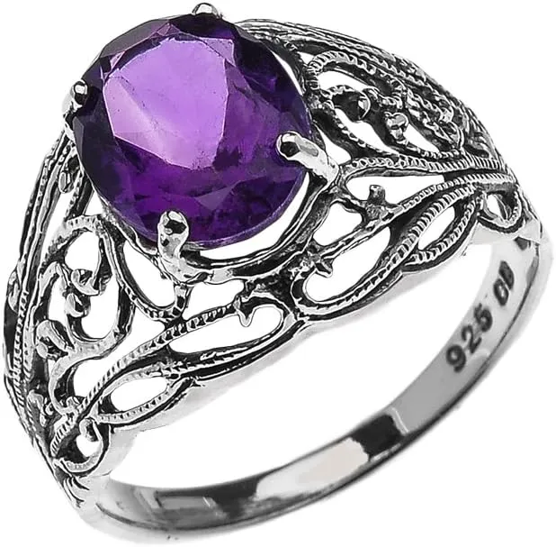 Sterling Silver Modern Filigree Design Genuine Amethyst Ladies Ring(Size 7)