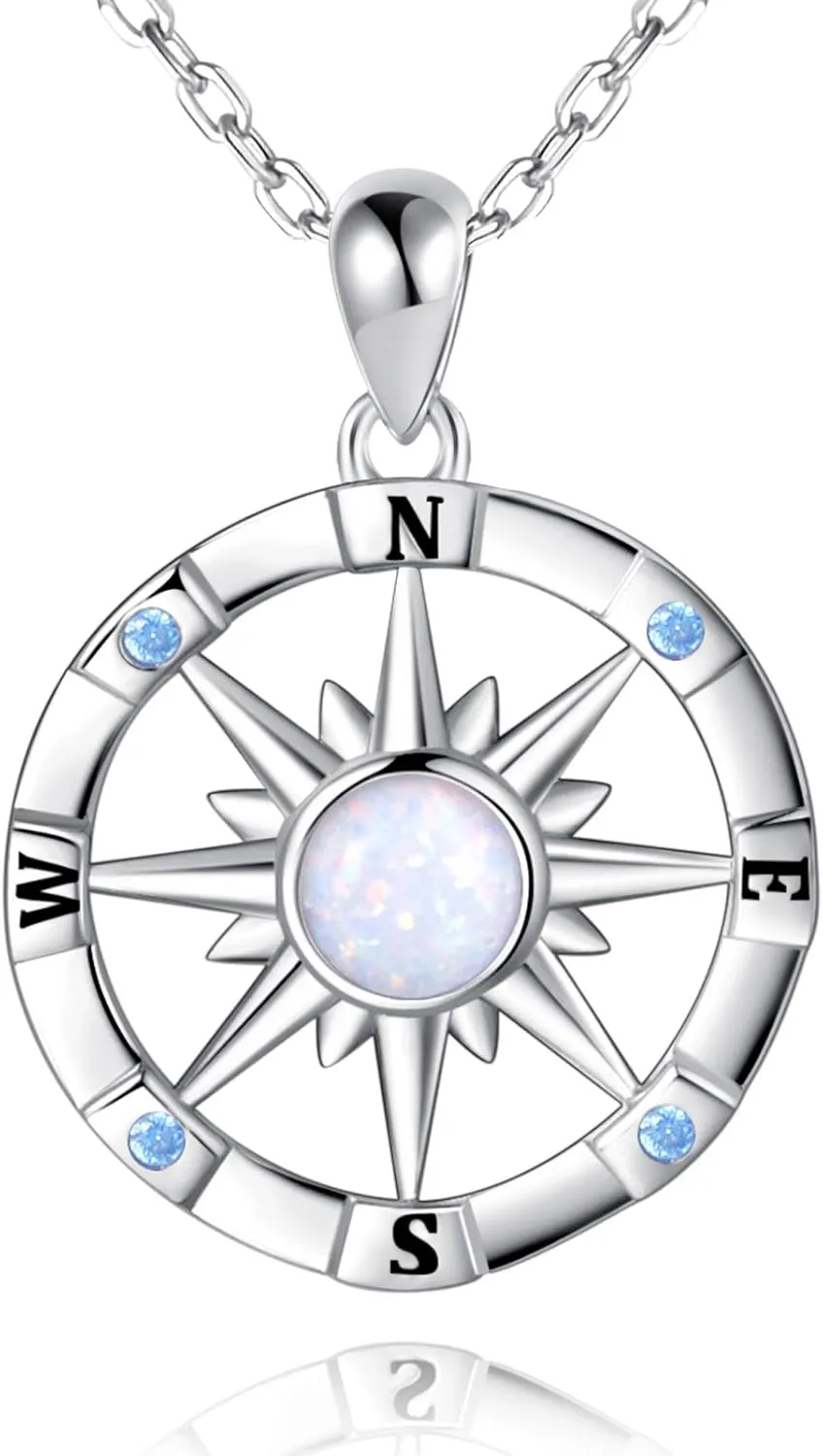 Sterling-Silver Opal Compass Necklace for Women - Inspirational Nautical Dream Compass PendantCreated Opal Necklaces for Women Mother's Day and Graduation Jewelry Gifts (Opal and CZ)