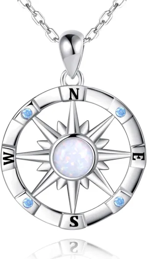 Sterling-Silver Opal Compass Necklace for Women - Inspirational Nautical Dream Compass PendantCreated Opal Necklaces for Women Mother's Day and Graduation Jewelry Gifts (Opal and CZ)