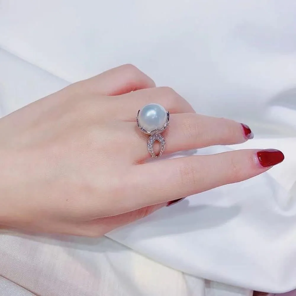 Sterling Silver Shiny Round Pearl Ring Platter Pearl Temperament Female Jewelry