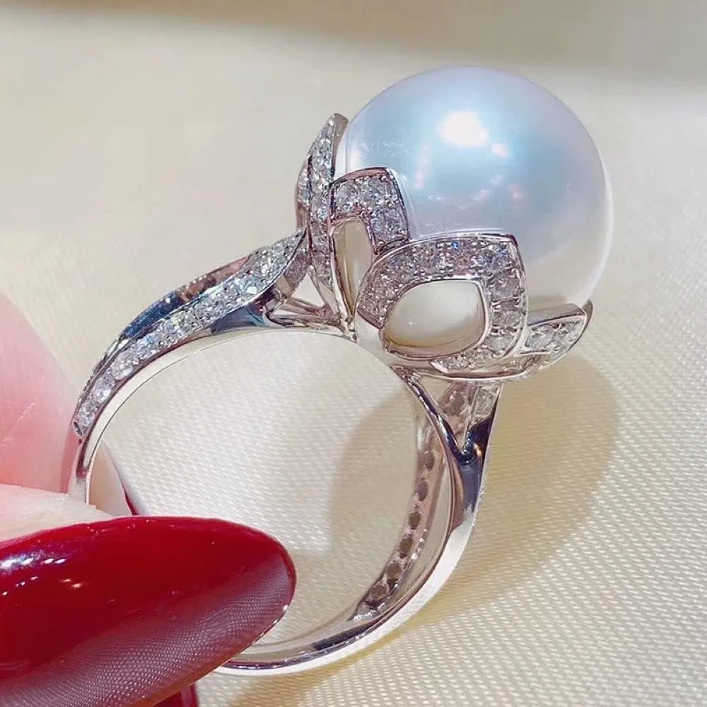 Sterling Silver Shiny Round Pearl Ring Platter Pearl Temperament Female Jewelry