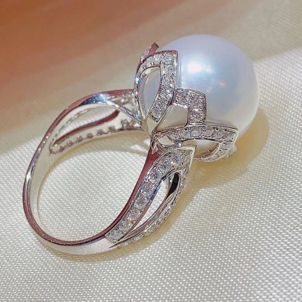 Sterling Silver Shiny Round Pearl Ring Platter Pearl Temperament Female Jewelry