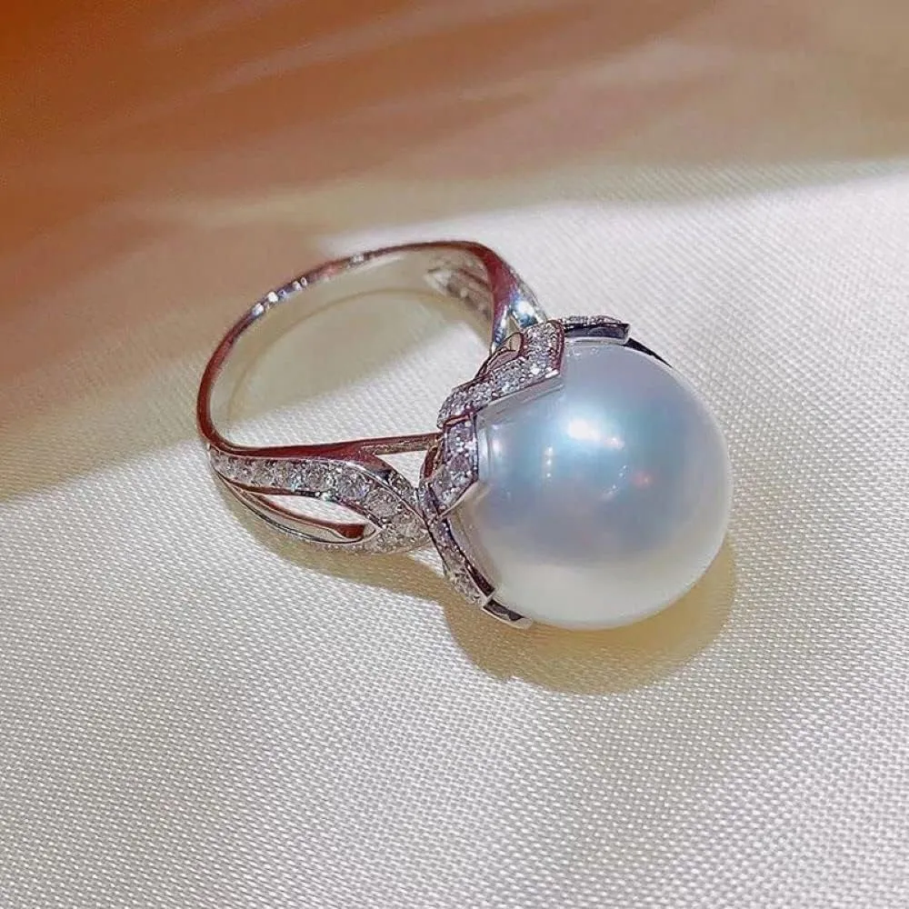 Sterling Silver Shiny Round Pearl Ring Platter Pearl Temperament Female Jewelry