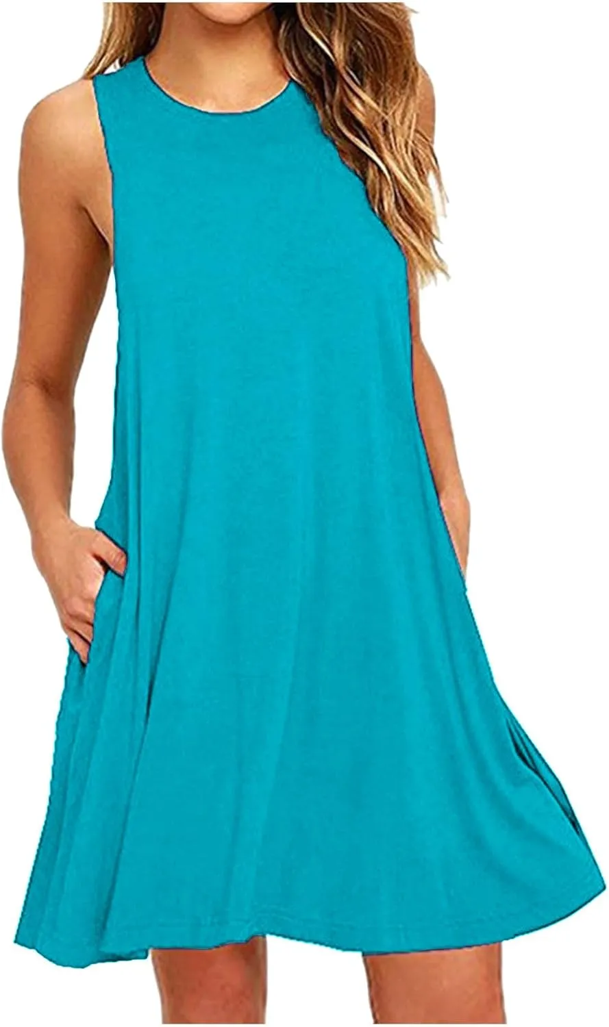 Summer Dresses for Women 2024 Sleeveless Beach Sundress Cover Up Swing Tank Dress Loose Tshirt Dress with Pockets