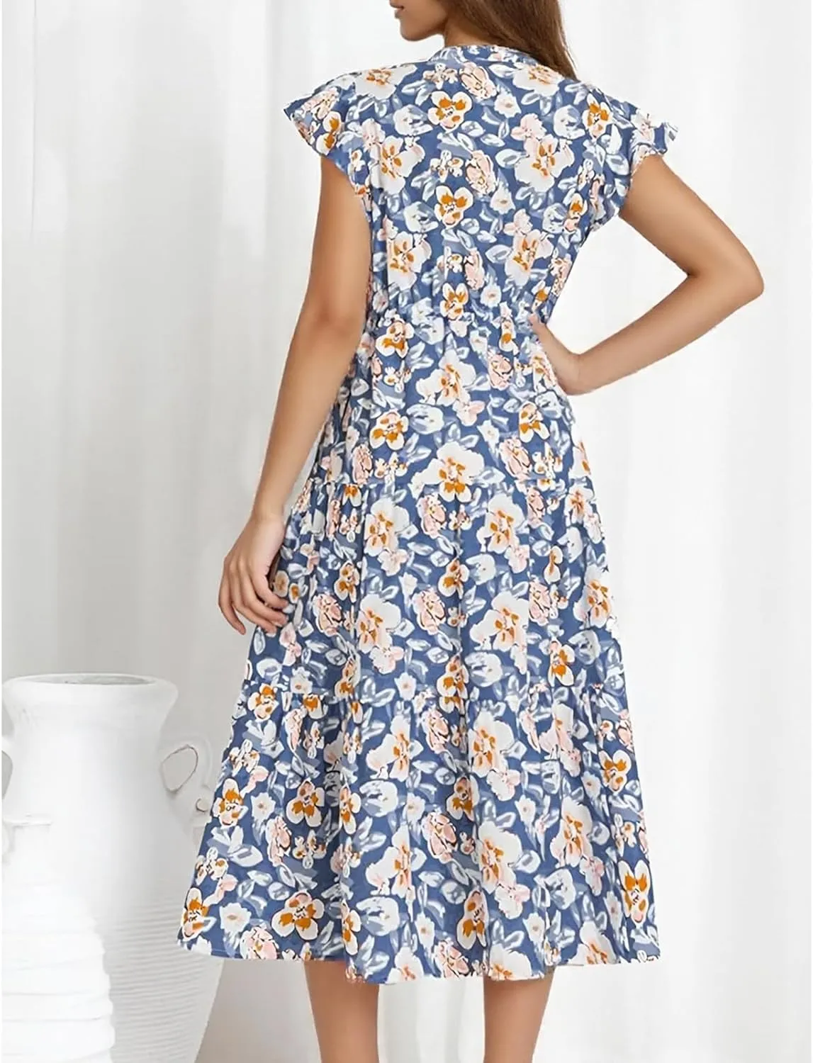Summer Dresses for Women 2025 V Neck Cap Sleeve Floral Ruffle Maxi Dress Tiered Flowy Boho Midi Dresses with Pockets
