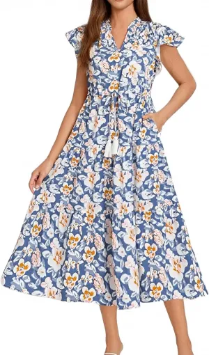 Summer Dresses for Women 2025 V Neck Cap Sleeve Floral Ruffle Maxi Dress Tiered Flowy Boho Midi Dresses with Pockets