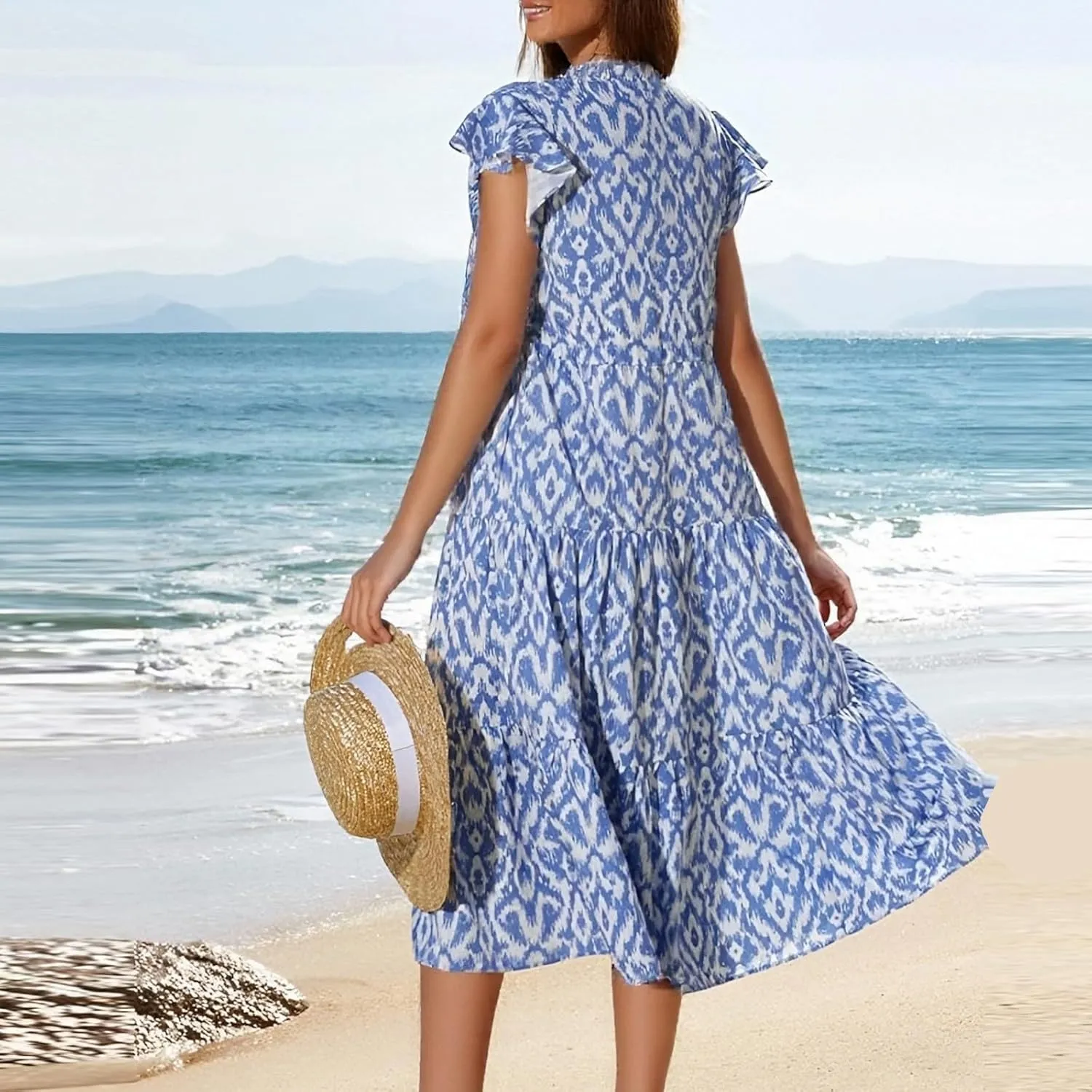 Summer Dresses for Women 2025 V Neck Cap Sleeve Floral Ruffle Maxi Dress Tiered Flowy Boho Midi Dresses with Pockets