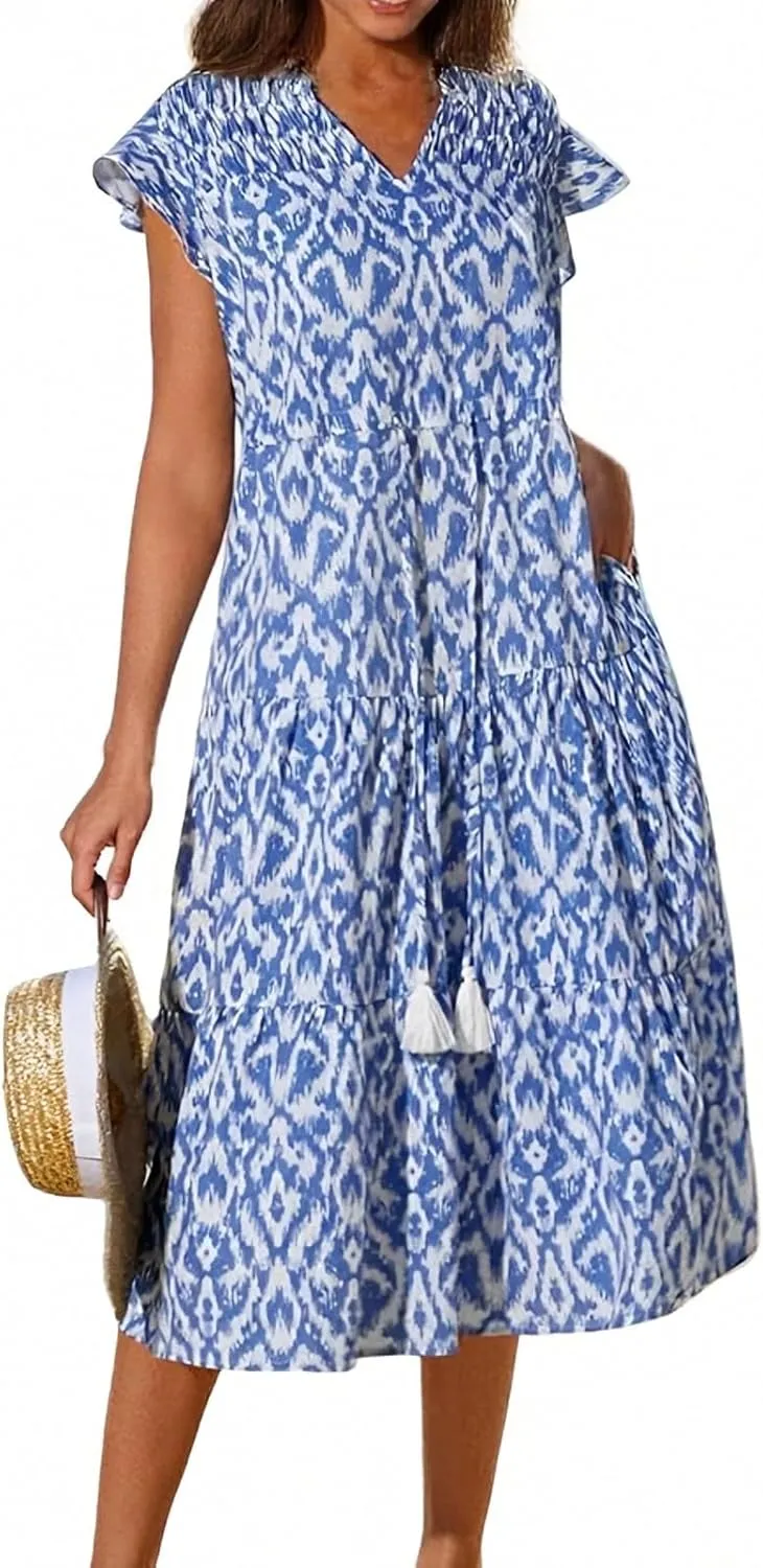 Summer Dresses for Women 2025 V Neck Cap Sleeve Floral Ruffle Maxi Dress Tiered Flowy Boho Midi Dresses with Pockets