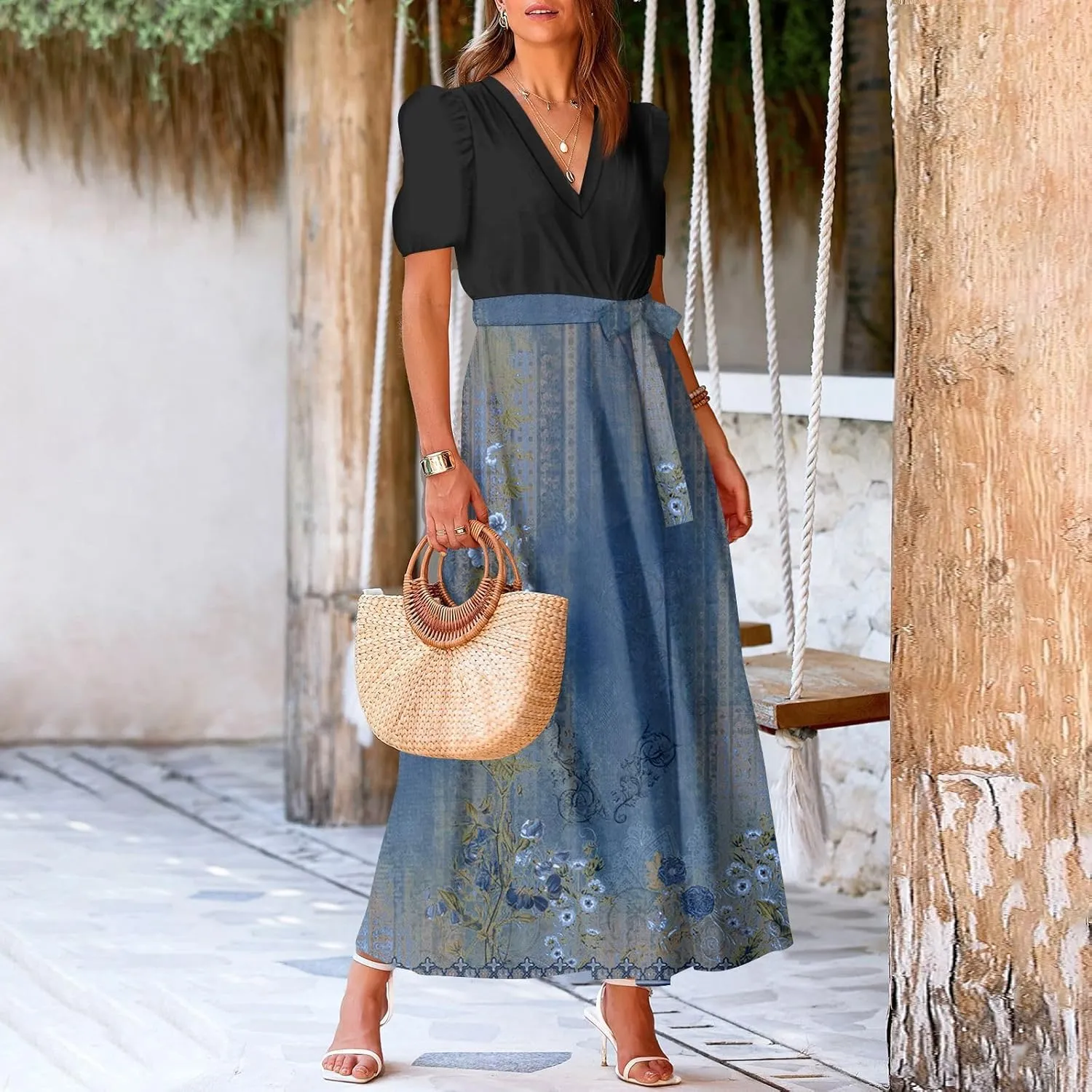 Summer Dresses for Women 2025 V Neck Floral Short Sleeve Maxi Dress Boho Belted Split Wrap Flowy Dresses Beach Sundress