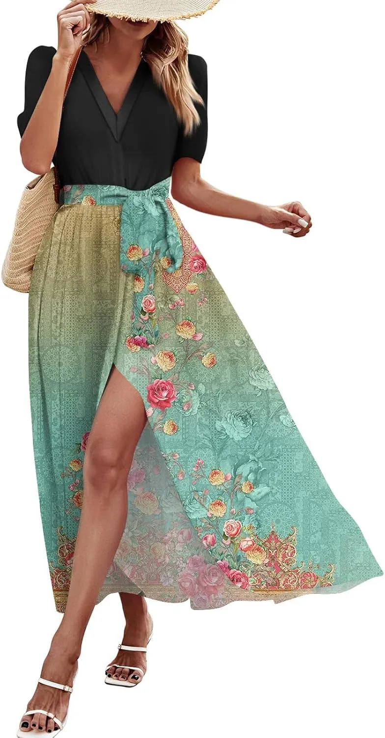 Summer Dresses for Women 2025 V Neck Floral Short Sleeve Maxi Dress Boho Belted Split Wrap Flowy Dresses Beach Sundress