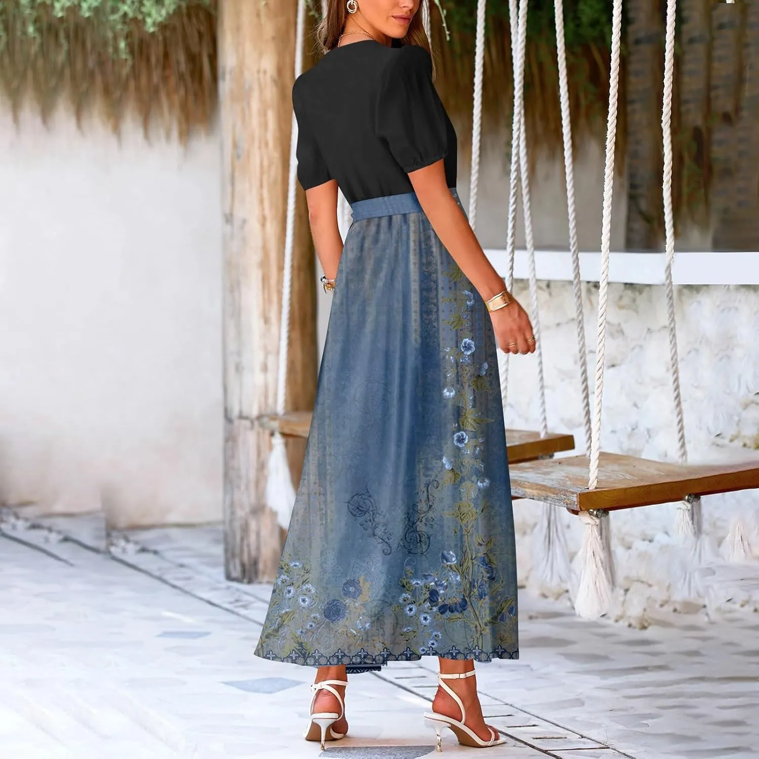 Summer Dresses for Women 2025 V Neck Floral Short Sleeve Maxi Dress Boho Belted Split Wrap Flowy Dresses Beach Sundress