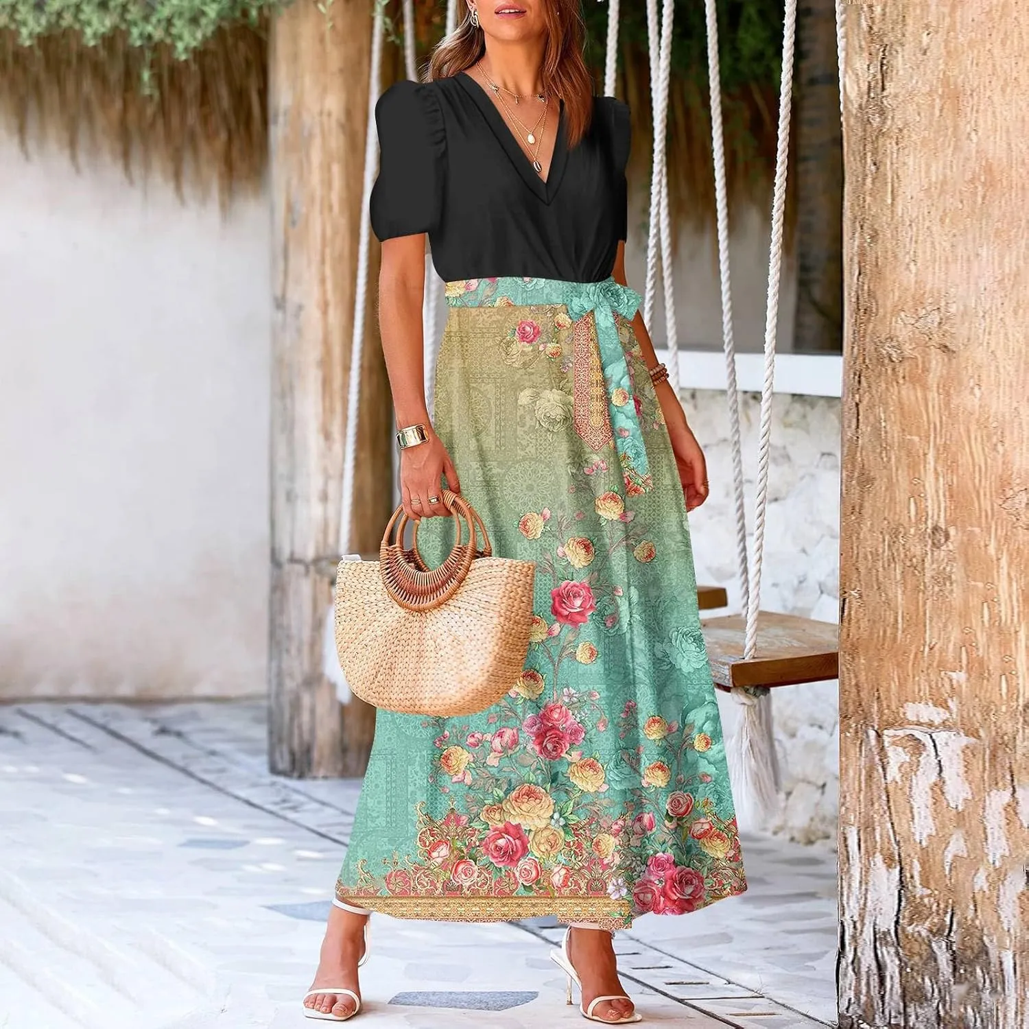 Summer Dresses for Women 2025 V Neck Floral Short Sleeve Maxi Dress Boho Belted Split Wrap Flowy Dresses Beach Sundress