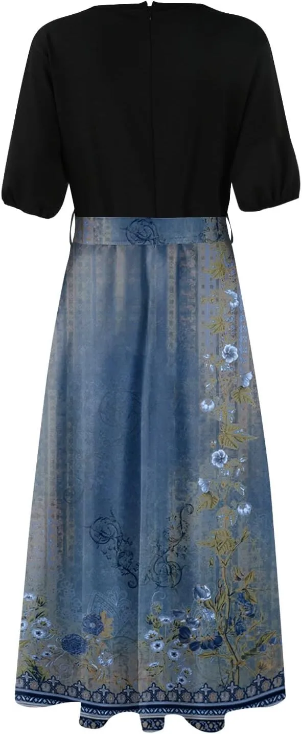 Summer Dresses for Women 2025 V Neck Floral Short Sleeve Maxi Dress Boho Belted Split Wrap Flowy Dresses Beach Sundress