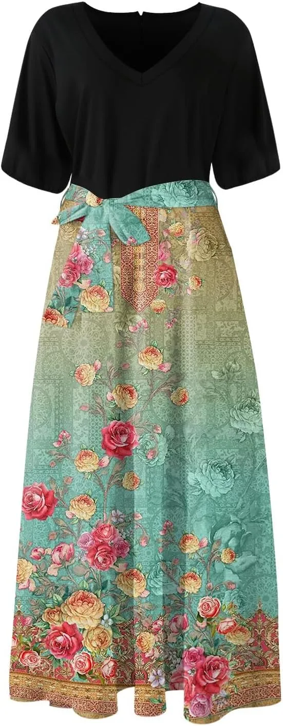 Summer Dresses for Women 2025 V Neck Floral Short Sleeve Maxi Dress Boho Belted Split Wrap Flowy Dresses Beach Sundress