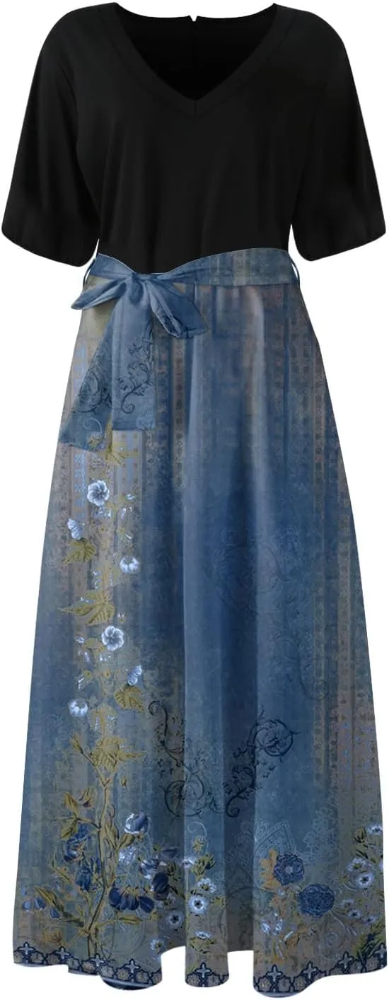 Summer Dresses for Women 2025 V Neck Floral Short Sleeve Maxi Dress Boho Belted Split Wrap Flowy Dresses Beach Sundress