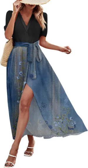 Summer Dresses for Women 2025 V Neck Floral Short Sleeve Maxi Dress Boho Belted Split Wrap Flowy Dresses Beach Sundress