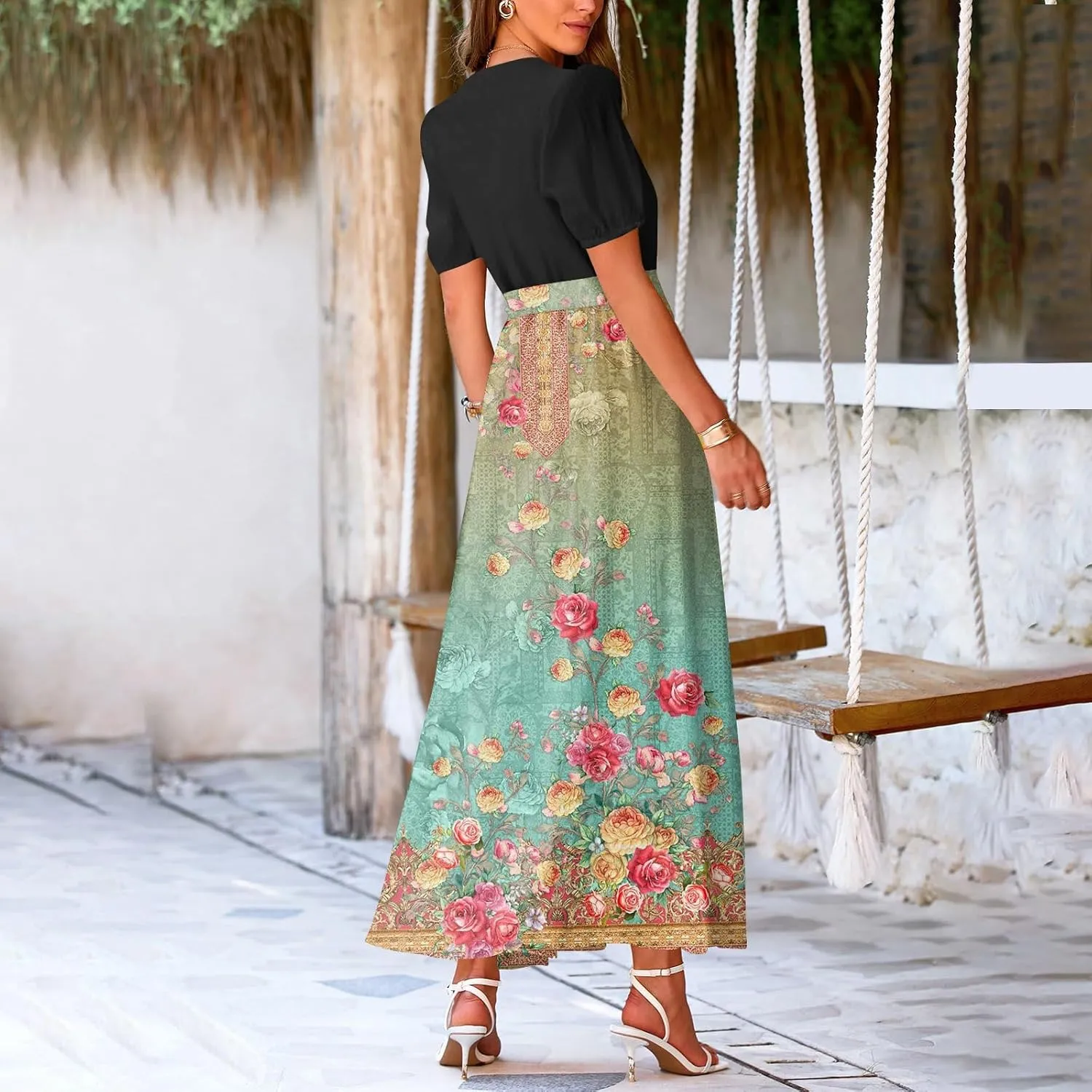 Summer Dresses for Women 2025 V Neck Floral Short Sleeve Maxi Dress Boho Belted Split Wrap Flowy Dresses Beach Sundress