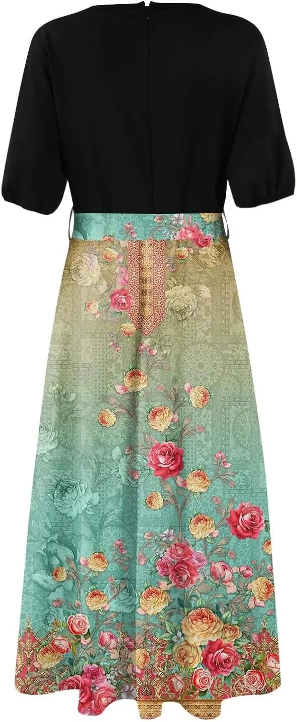 Summer Dresses for Women 2025 V Neck Floral Short Sleeve Maxi Dress Boho Belted Split Wrap Flowy Dresses Beach Sundress
