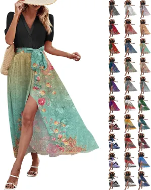 Summer Dresses for Women 2025 V Neck Floral Short Sleeve Maxi Dress Boho Belted Split Wrap Flowy Dresses Beach Sundress