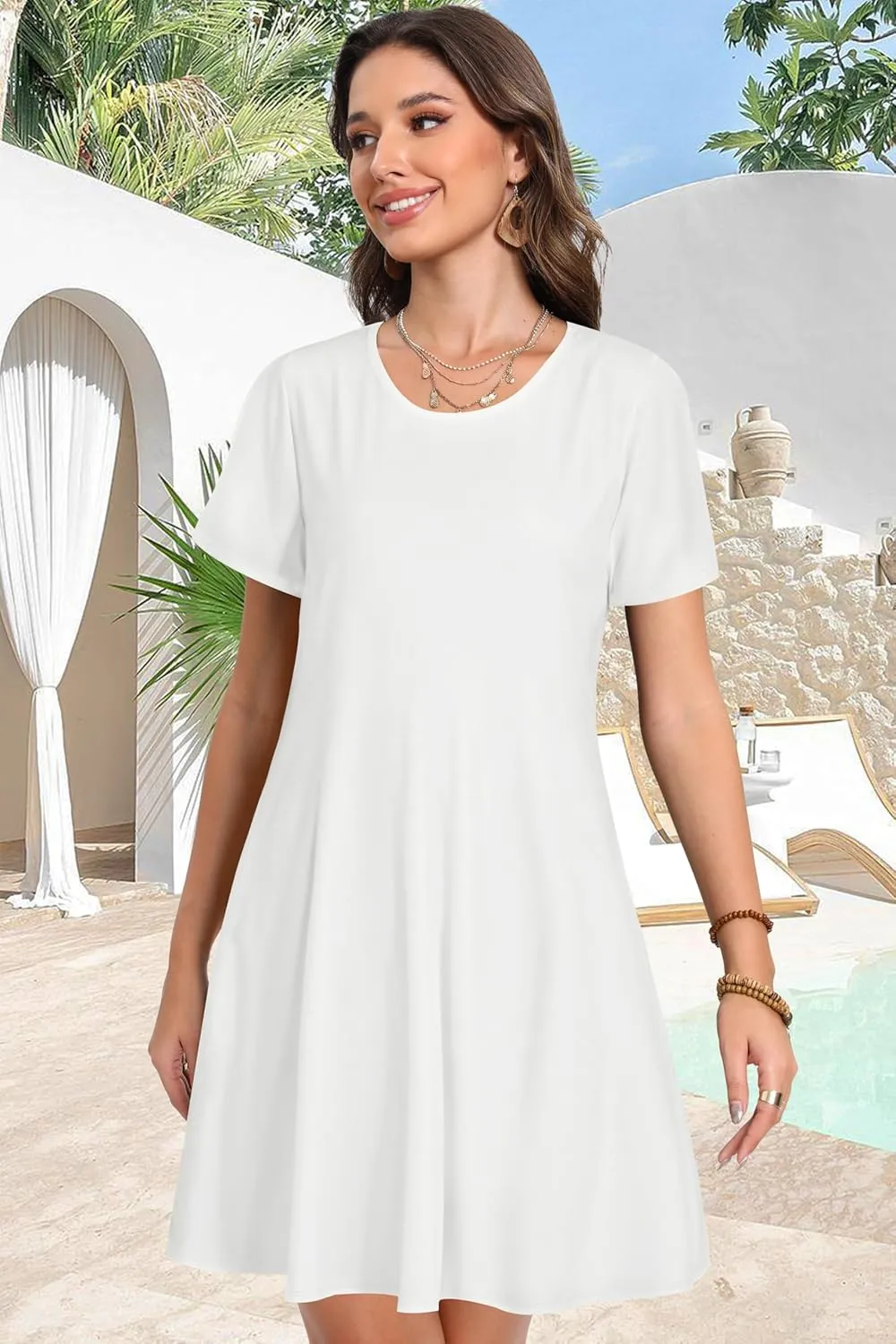Summer Dresses for Women Casual Short Sleeve Sundress Scoop Neck Beach T Shirt Dress with Pockets