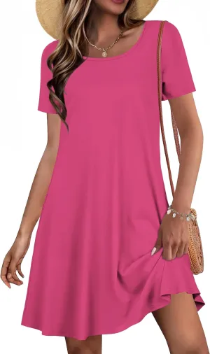 Summer Dresses for Women Casual Short Sleeve Sundress Scoop Neck Beach T Shirt Dress with Pockets