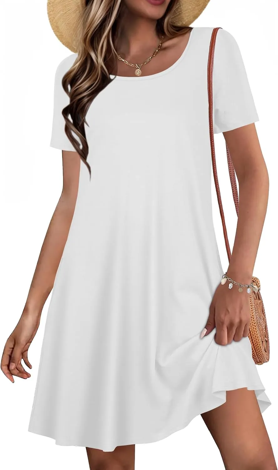 Summer Dresses for Women Casual Short Sleeve Sundress Scoop Neck Beach T Shirt Dress with Pockets