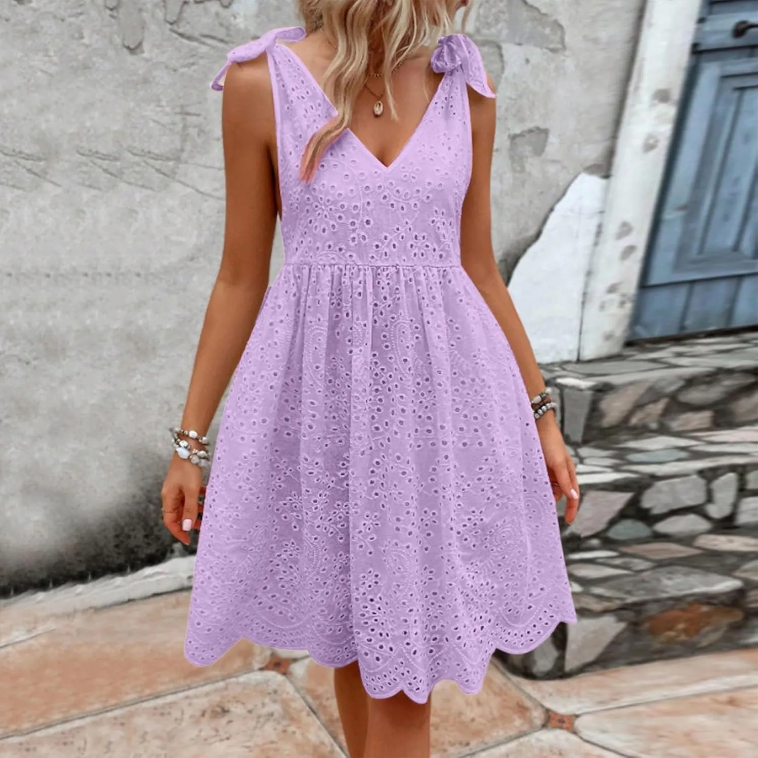 Summer Dresses for Women Tie Front Smocked Dress Empire Waist Ruffle Tiered Sundress Casual Swing Mini Dresses