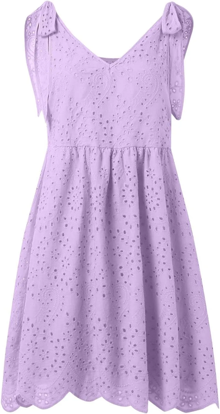Summer Dresses for Women Tie Front Smocked Dress Empire Waist Ruffle Tiered Sundress Casual Swing Mini Dresses