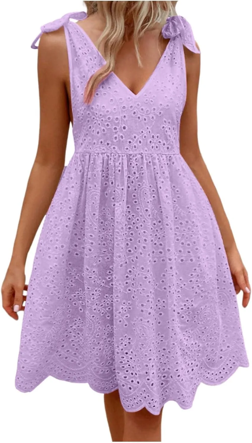 Summer Dresses for Women Tie Front Smocked Dress Empire Waist Ruffle Tiered Sundress Casual Swing Mini Dresses