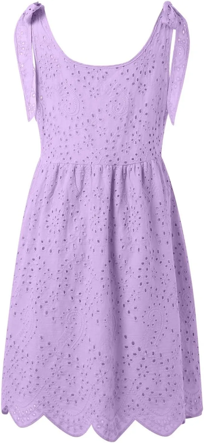 Summer Dresses for Women Tie Front Smocked Dress Empire Waist Ruffle Tiered Sundress Casual Swing Mini Dresses