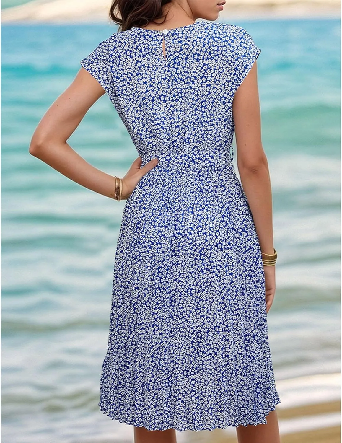 Summer Mini Dresses for Women 2025 Floral Cap Sleeve Tie Waist Midi Dresses Boho Pleated Ruffle Knee Length Dress