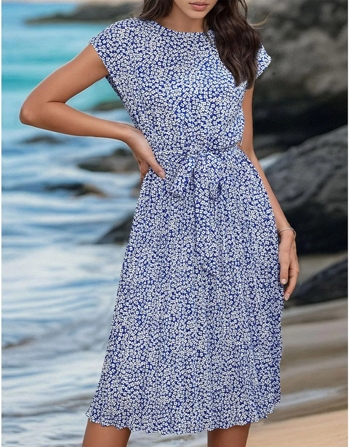 Summer Mini Dresses for Women 2025 Floral Cap Sleeve Tie Waist Midi Dresses Boho Pleated Ruffle Knee Length Dress