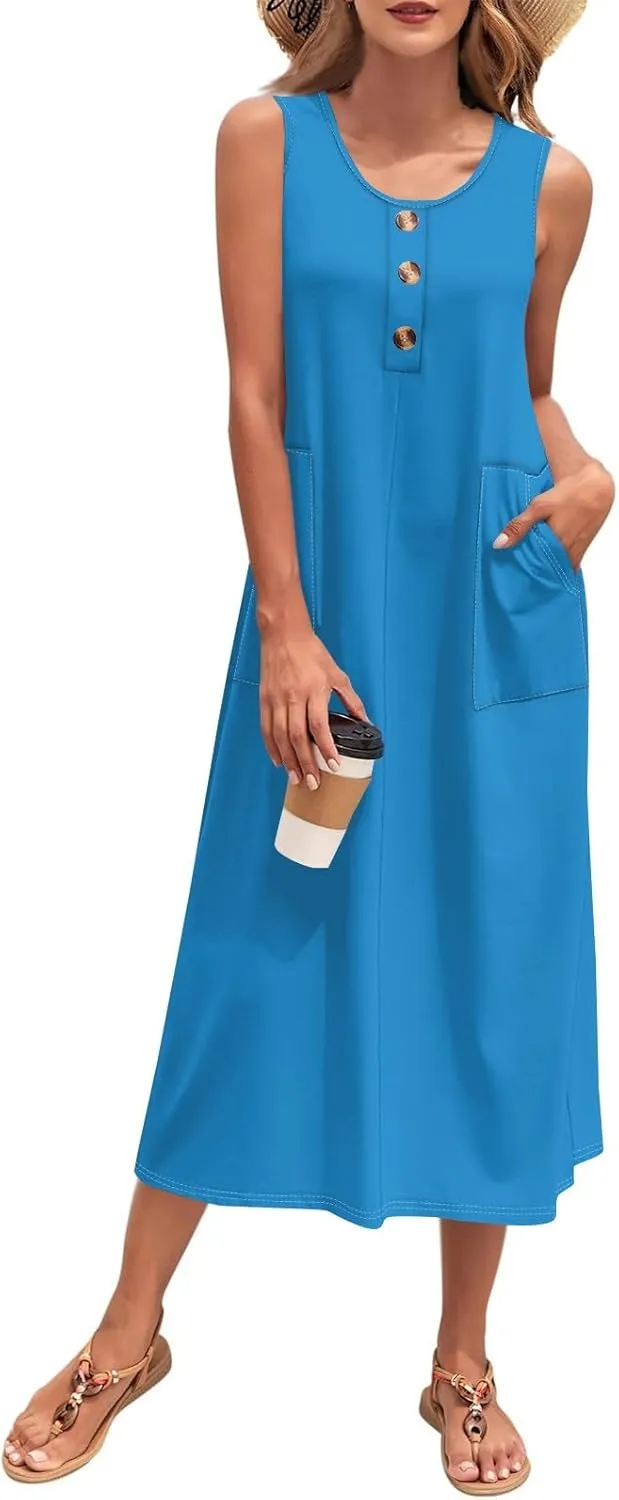 Sun Dresses for Women 2025 Vacation Summer Boho Beach Casual Empire Waist A-Line Midi Flowy Sundresses with Pockets